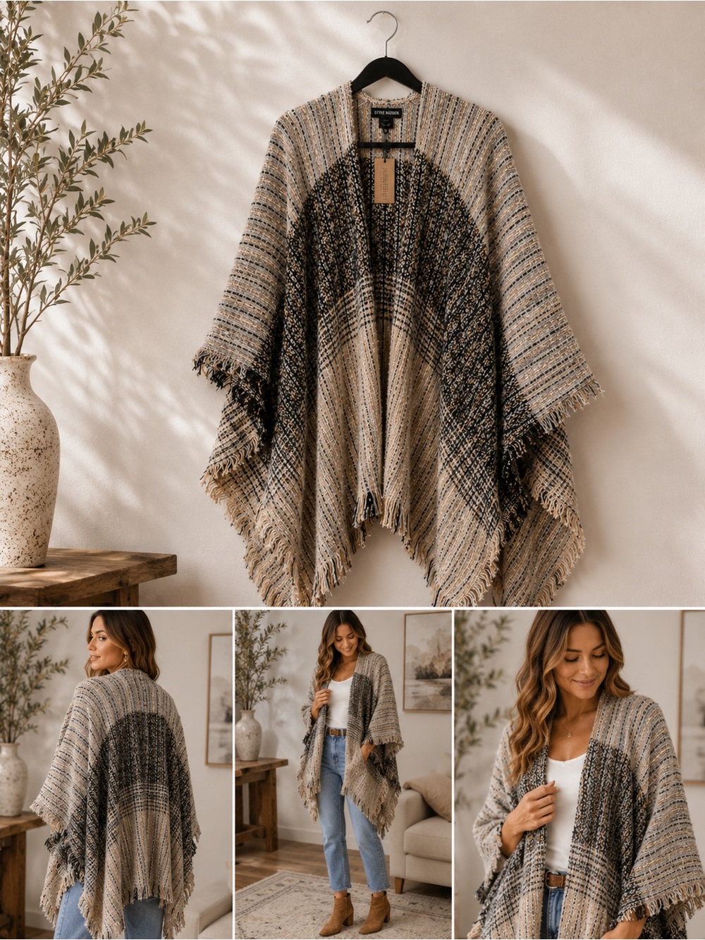 Steve Madden Beige and Black Plaid Fringe Ruana